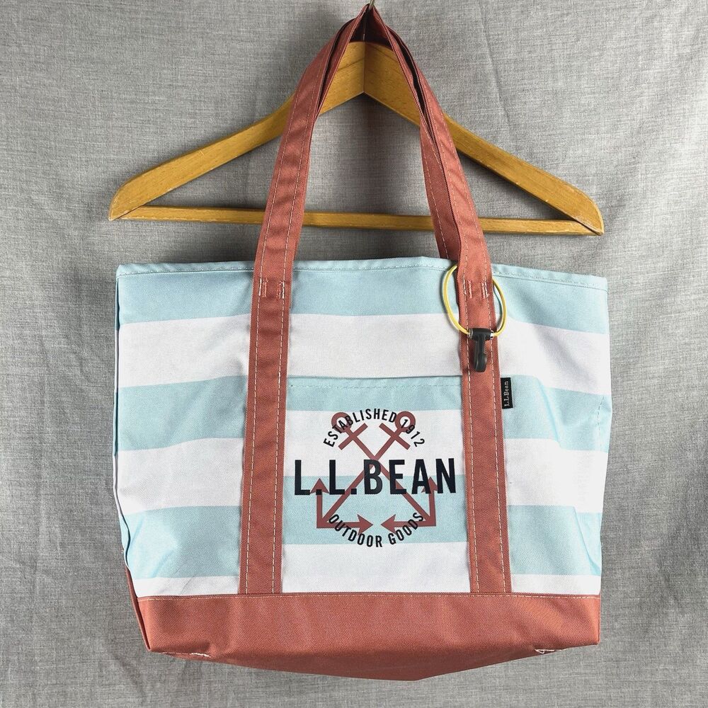 LL Bean Boat Tote Bag Polyester Nautical Stripe Zippered Pink Aqua Anchors Rare